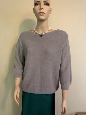 Gray Metallic Lurex Knit Sweater Boat Neck 3/4 Sleeve Shimmer